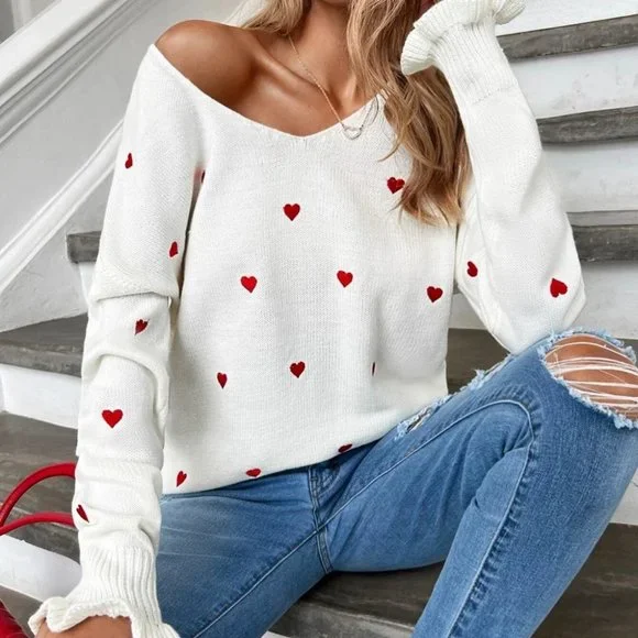 Valentine's Day Heart Print v-neck Sweater - Picture 5 of 5